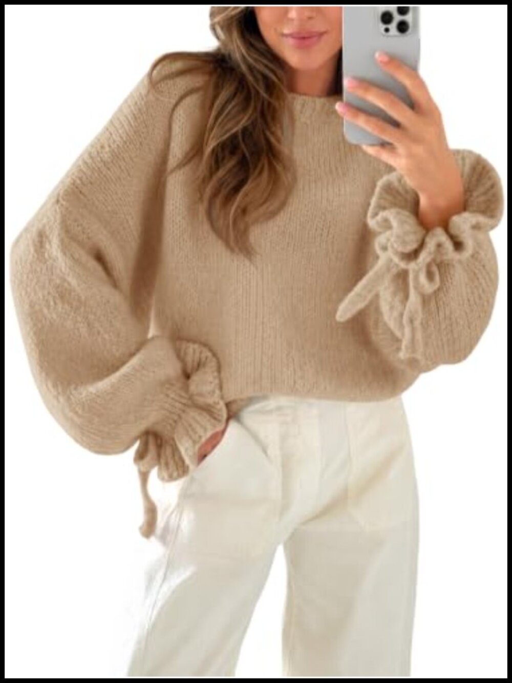 Chunky Oversized Ruffle Sleeve Crew Neck Pullover Sweater Women Cozy Knit